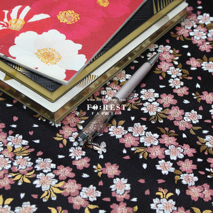 Gold Brocade - Flowing Sakura fabric Black - FO:REST Fabric 布恩堂Liberty fabrictana lawnjapanese fabricykk zipper