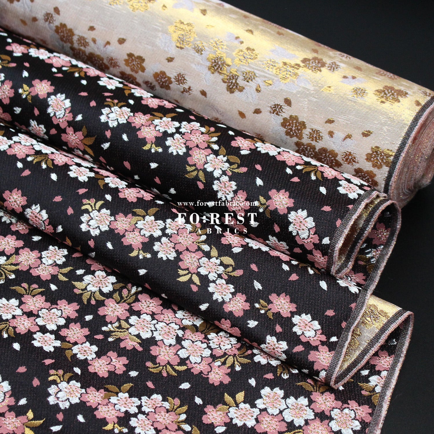 Gold Brocade - Flowing Sakura fabric Black - FO:REST Fabric 布恩堂Liberty fabrictana lawnjapanese fabricykk zipper