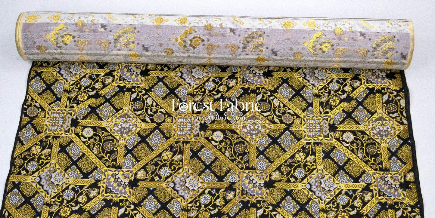 Gold Brocade - Intricate Golden Lattice fabric Black - FO:REST Fabric 布恩堂Liberty fabrictana lawnjapanese fabricykk zipper