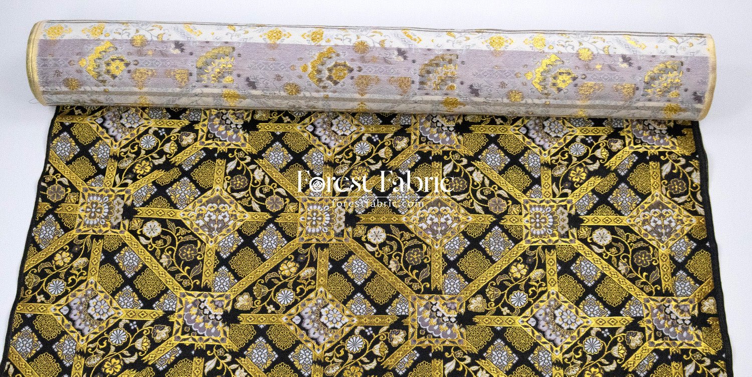 Gold Brocade - Intricate Golden Lattice fabric Black - FO:REST Fabric 布恩堂Liberty fabrictana lawnjapanese fabricykk zipper