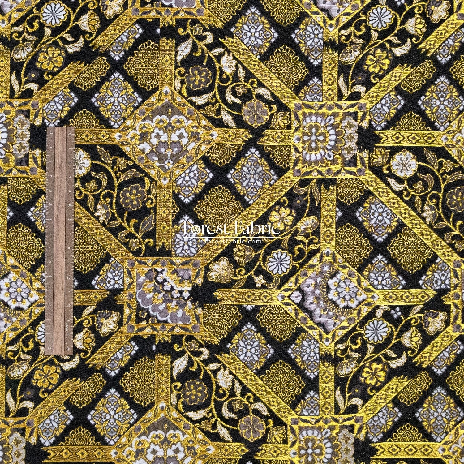 Gold Brocade - Intricate Golden Lattice fabric Black - FO:REST Fabric 布恩堂Liberty fabrictana lawnjapanese fabricykk zipper