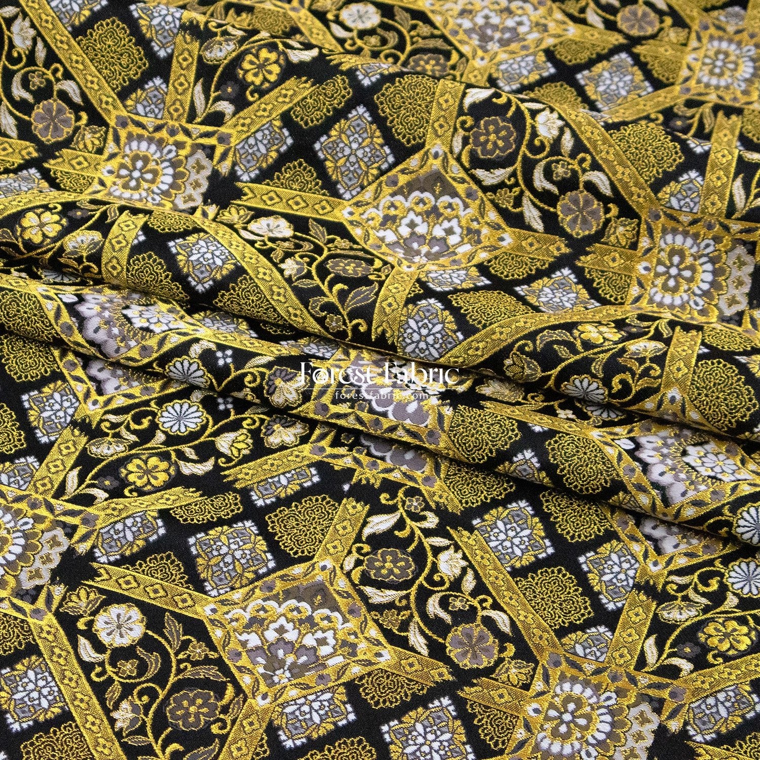 Gold Brocade - Intricate Golden Lattice fabric Black - FO:REST Fabric 布恩堂Liberty fabrictana lawnjapanese fabricykk zipper