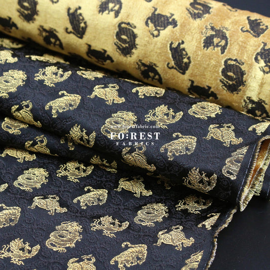 Gold Brocade - Japanese Four Symbols fabric Black - FO:REST Fabric 布恩堂Liberty fabrictana lawnjapanese fabricykk zipper