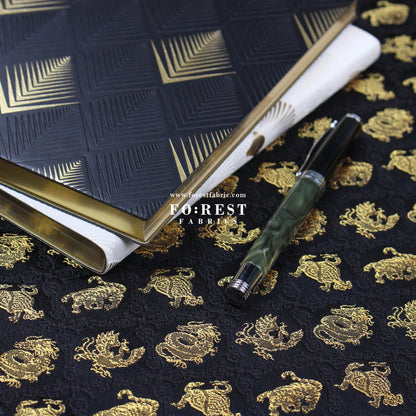 Gold Brocade - Japanese Four Symbols fabric Black - FO:REST Fabric 布恩堂Liberty fabrictana lawnjapanese fabricykk zipper