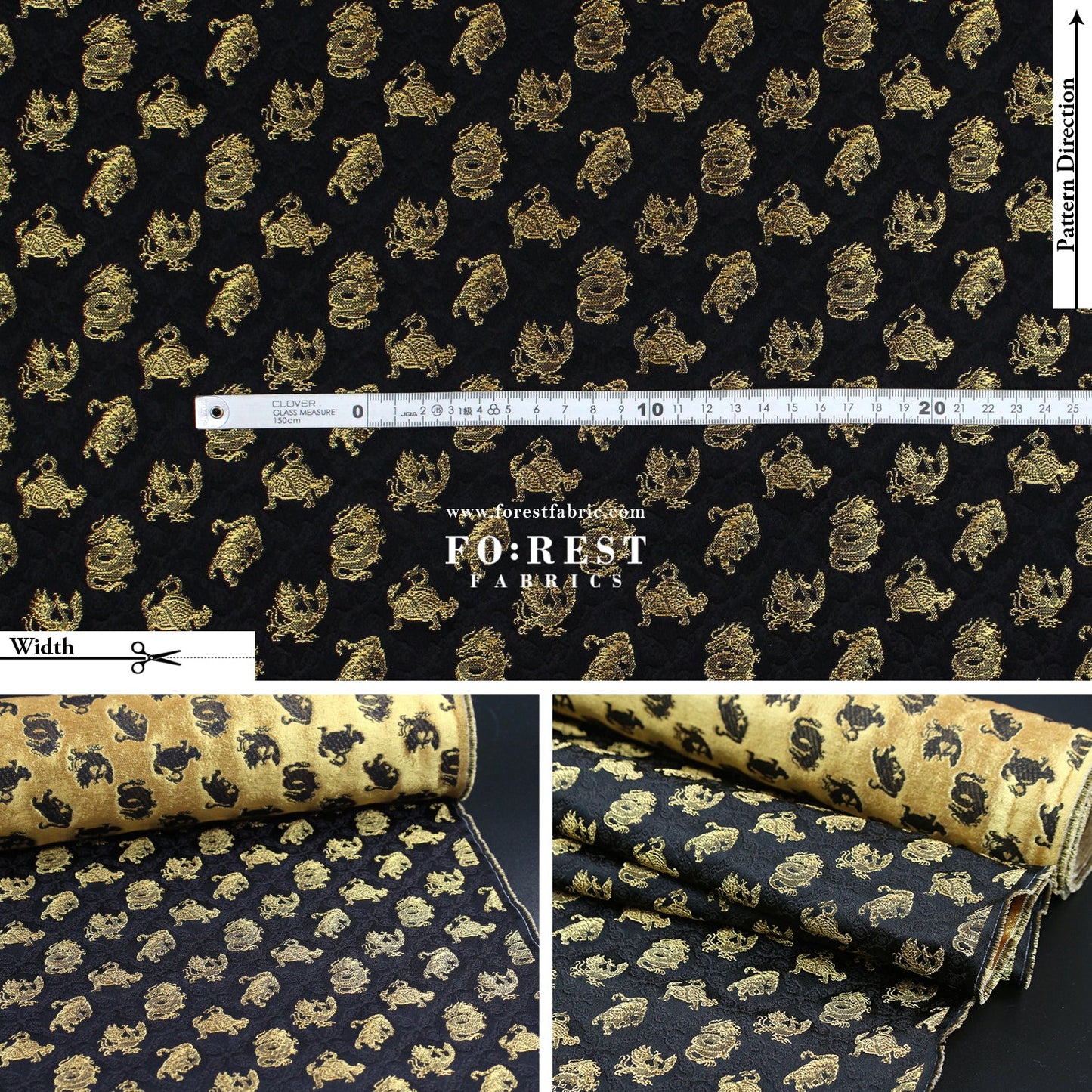 Gold Brocade - Japanese Four Symbols fabric Black - FO:REST Fabric 布恩堂Liberty fabrictana lawnjapanese fabricykk zipper