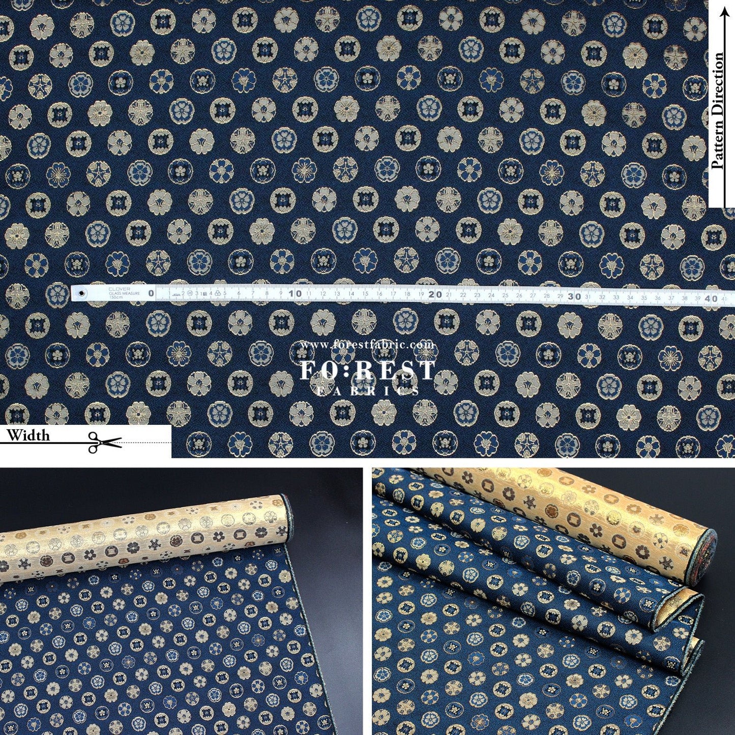 Gold Brocade - Kamon Family crest fabric Navy - FO:REST Fabric 布恩堂Liberty fabrictana lawnjapanese fabricykk zipper