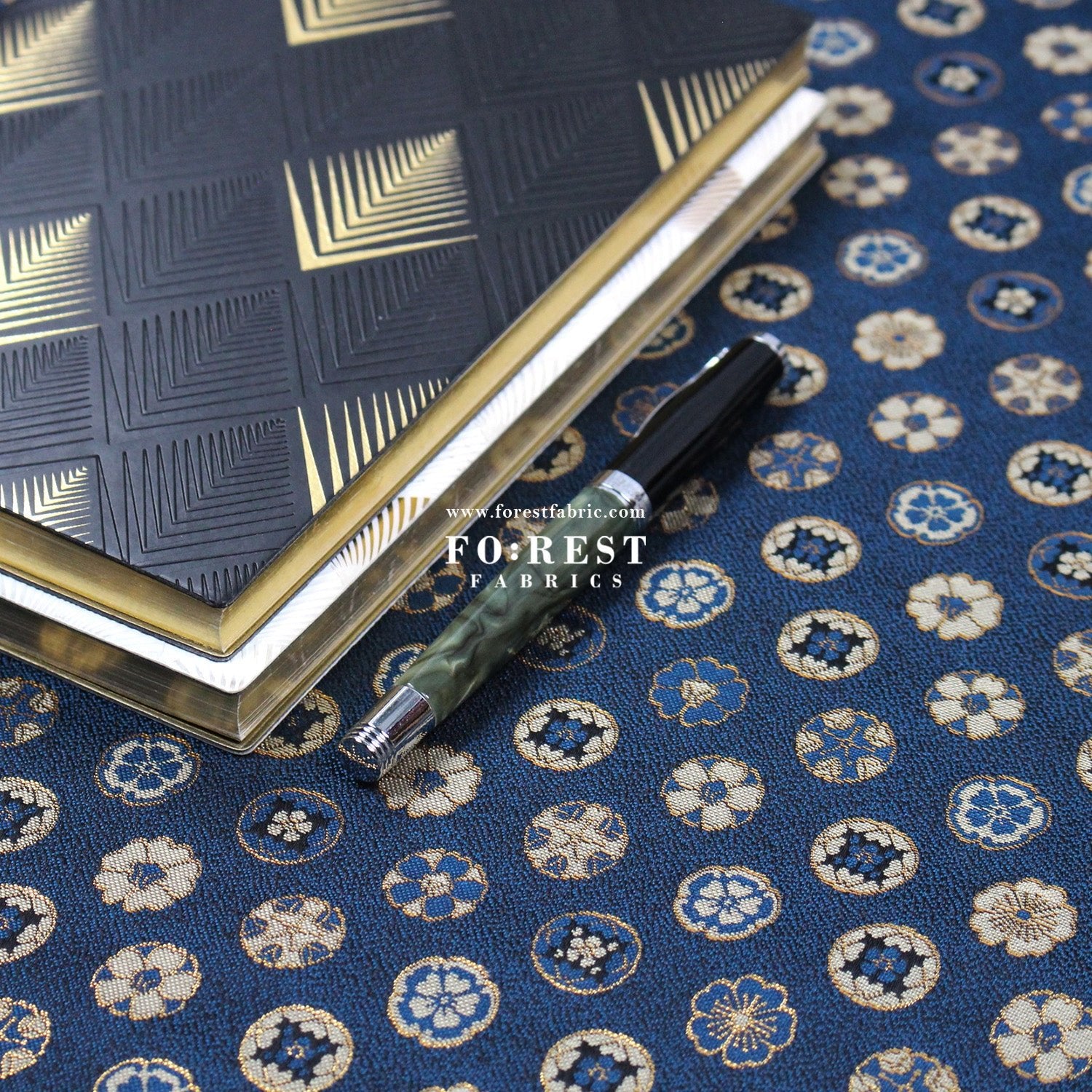 Gold Brocade - Kamon Family crest fabric Navy - FO:REST Fabric 布恩堂Liberty fabrictana lawnjapanese fabricykk zipper