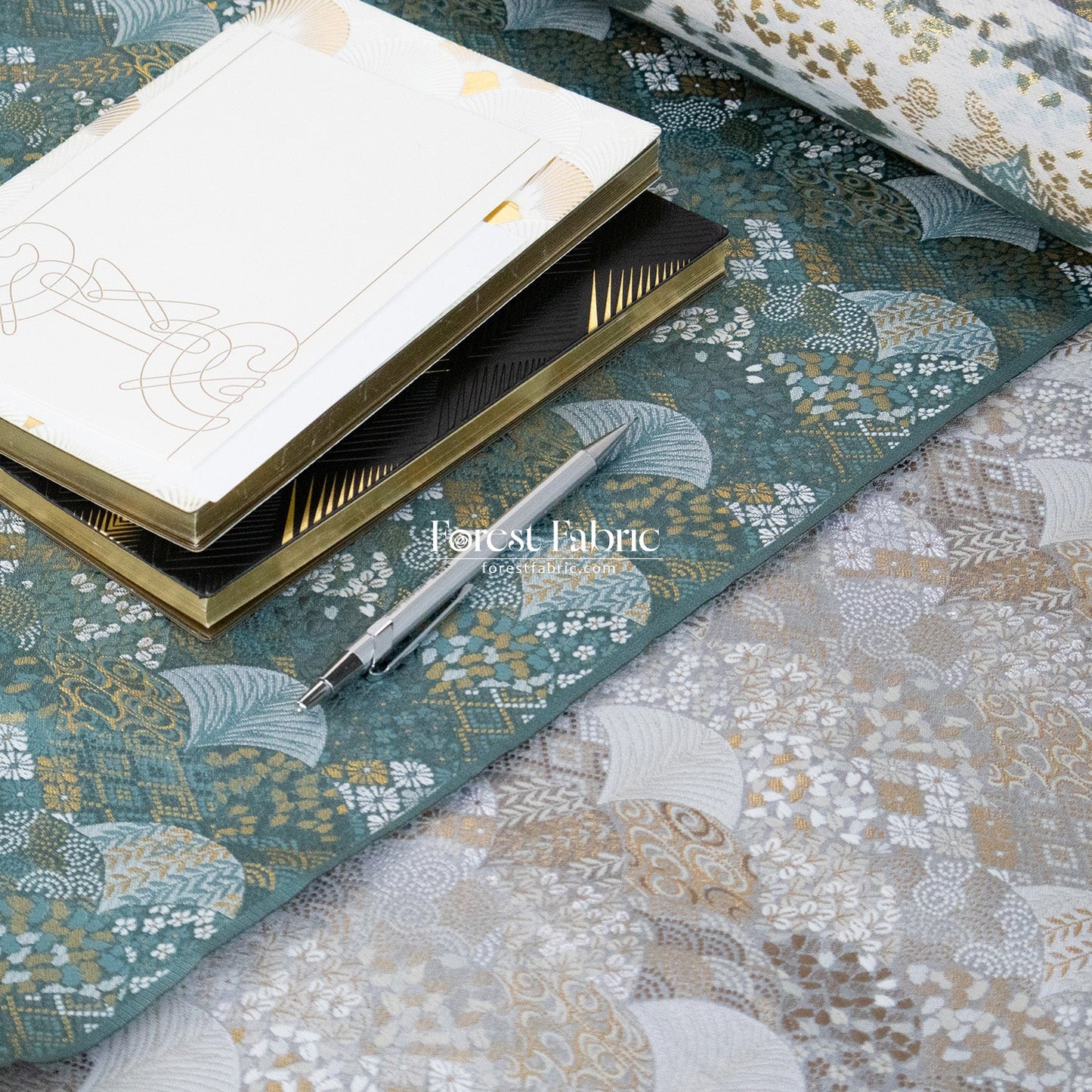 Gold Brocade - Leaf fabric GreenGray - FO:REST Fabric 布恩堂Liberty fabrictana lawnjapanese fabricykk zipper