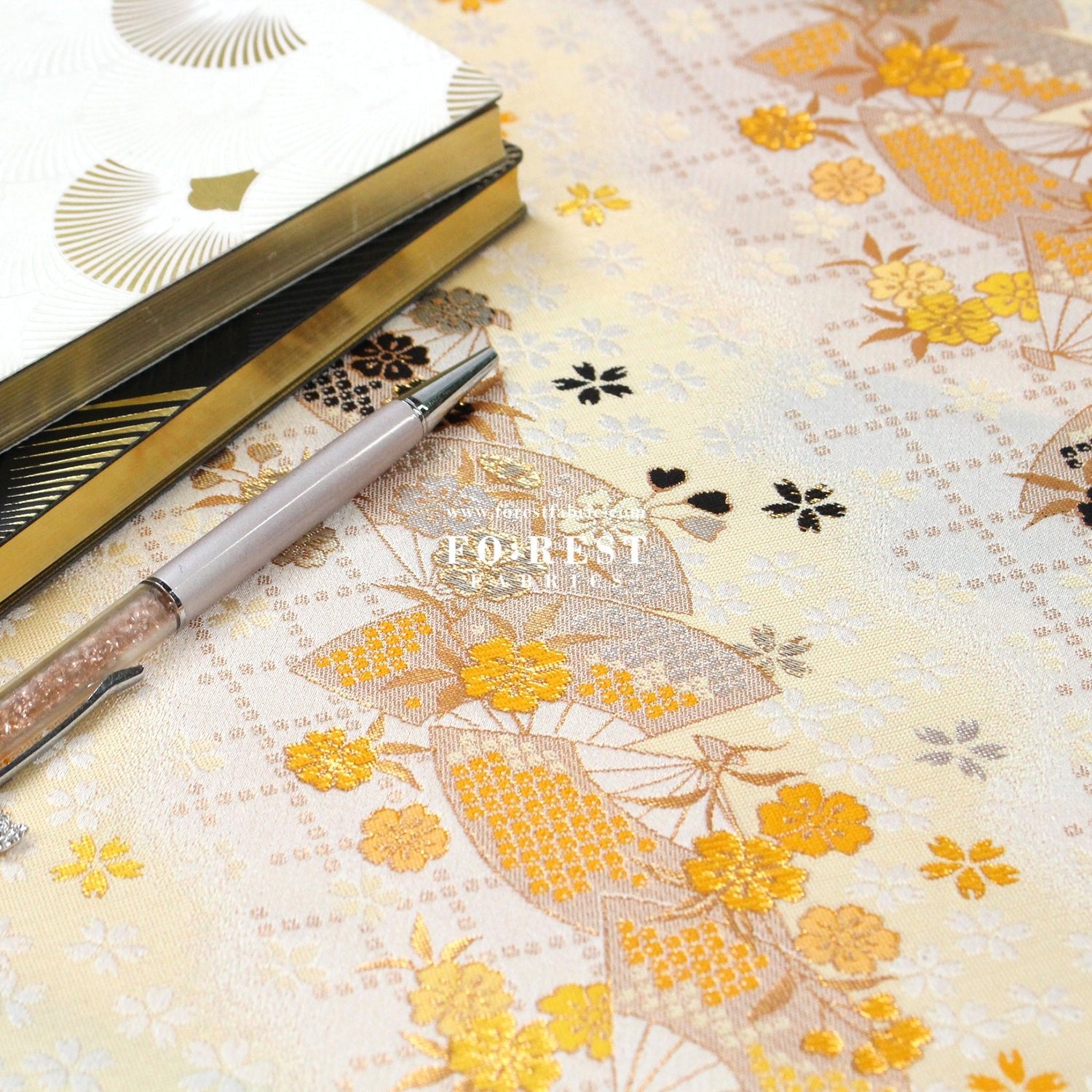 Gold Brocade - Mindnight sakura Fan 櫻扇 fabric Mustard - FO:REST Fabric 布恩堂Liberty fabrictana lawnjapanese fabricykk zipper