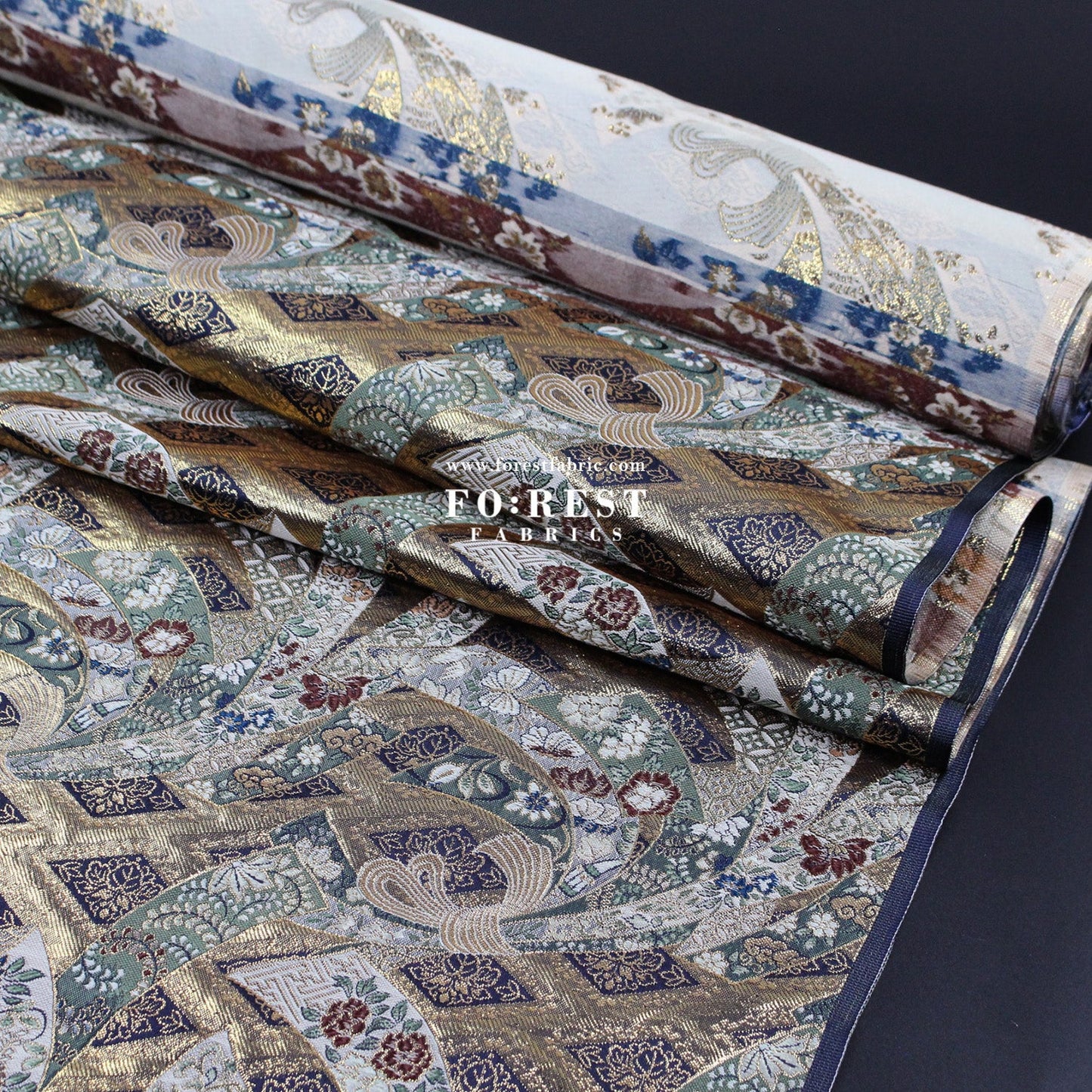 Gold Brocade - Noshi Sakura fabric Navy - FO:REST Fabric 布恩堂Liberty fabrictana lawnjapanese fabricykk zipper