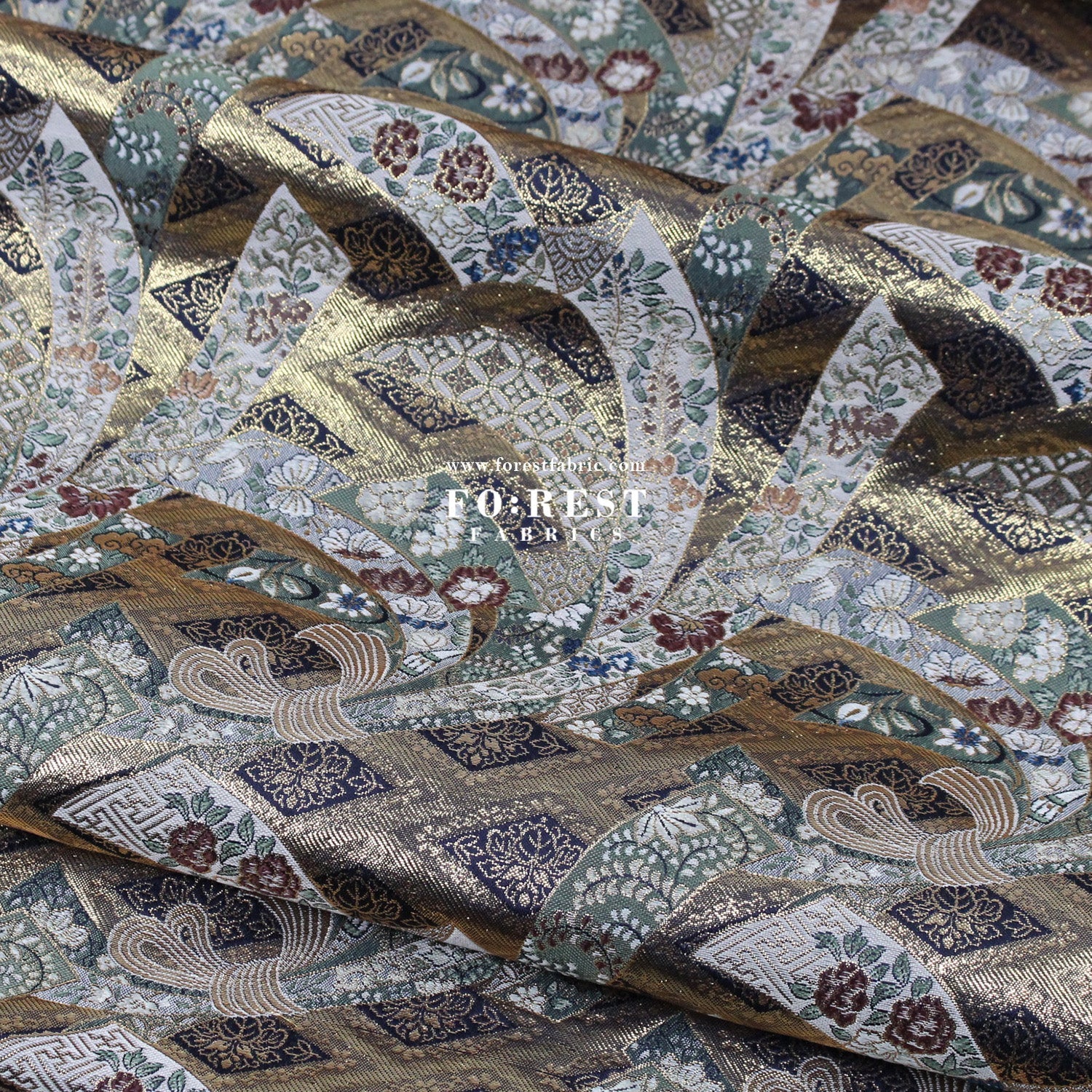 Gold Brocade - Noshi Sakura fabric Navy - FO:REST Fabric 布恩堂Liberty fabrictana lawnjapanese fabricykk zipper