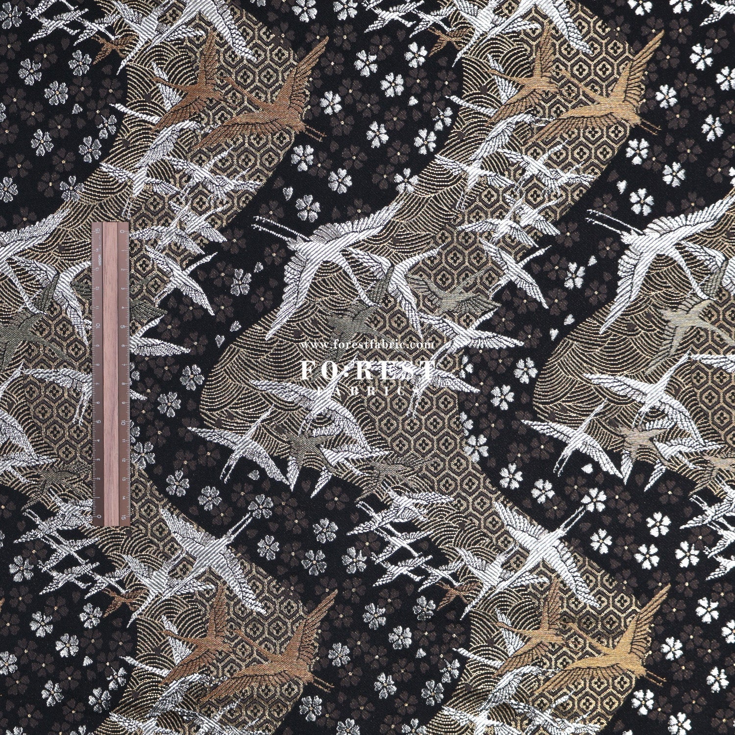 Gold Brocade - One thousand cranes fabric Black - FO:REST Fabric 布恩堂Liberty fabrictana lawnjapanese fabricykk zipper