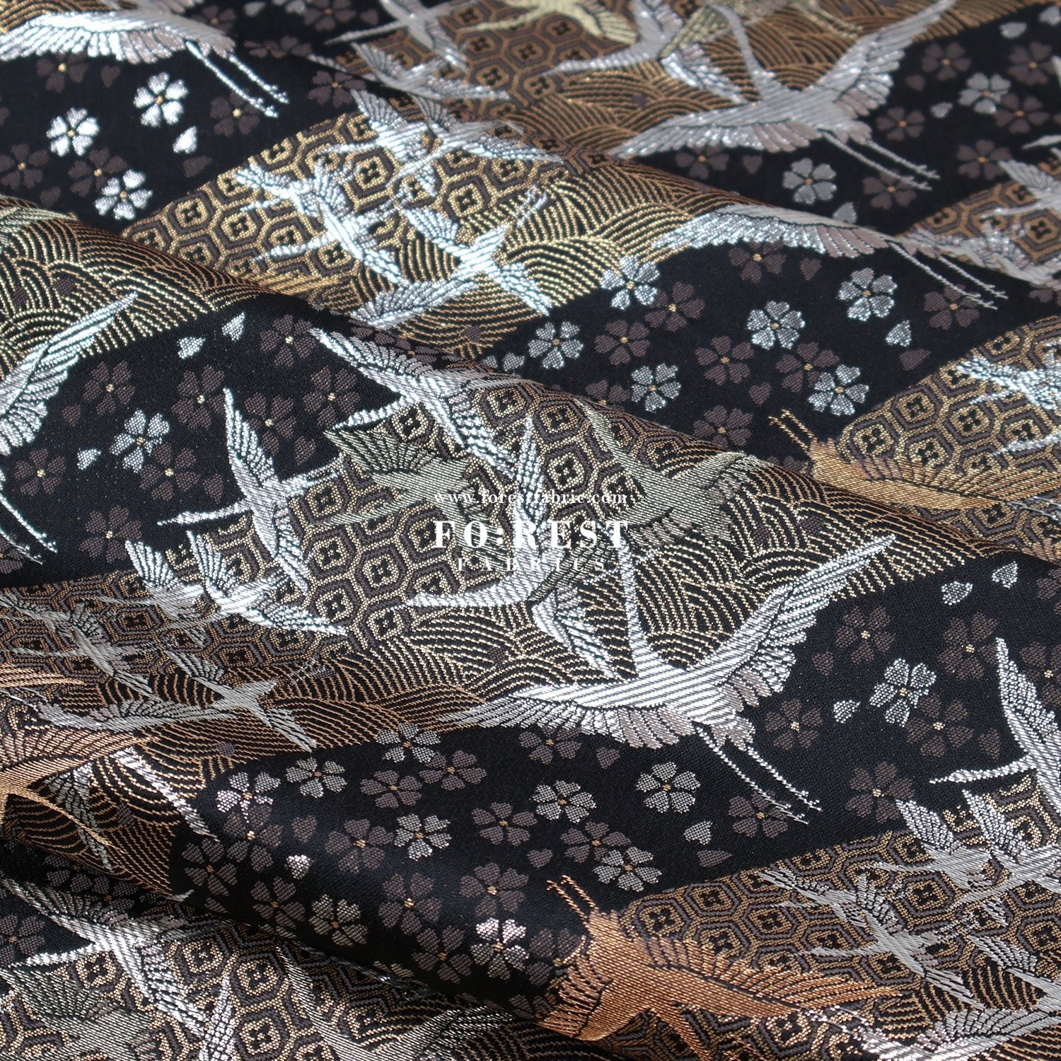 Gold Brocade - One thousand cranes fabric Black - FO:REST Fabric 布恩堂Liberty fabrictana lawnjapanese fabricykk zipper