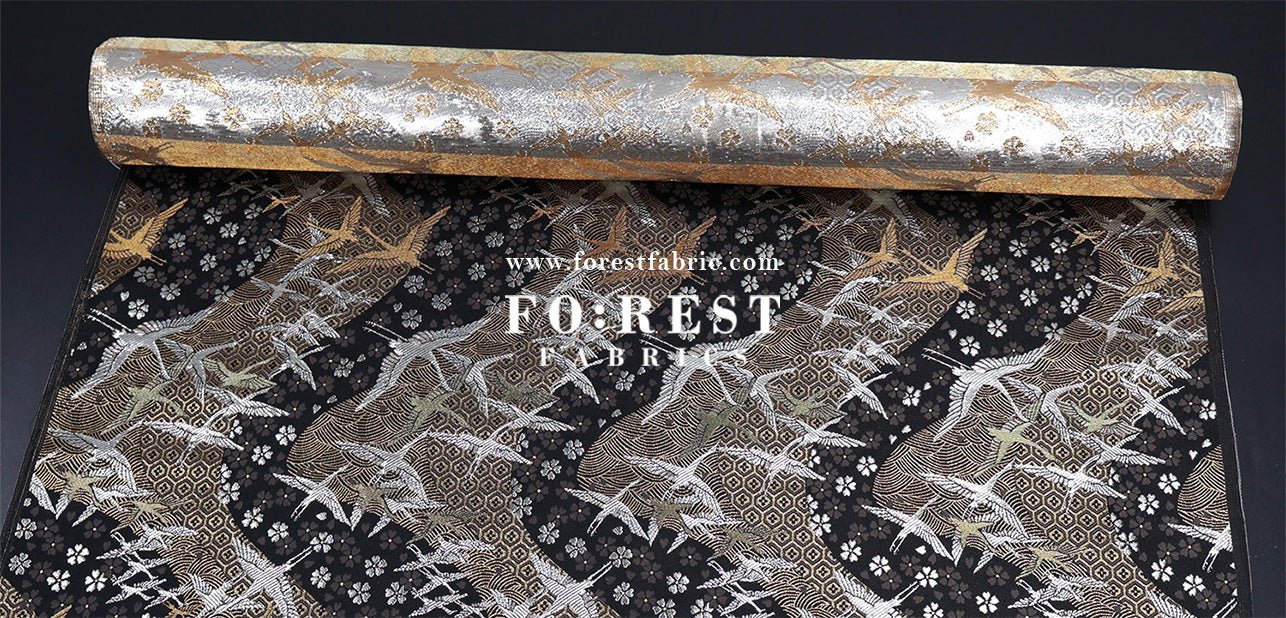 Gold Brocade - One thousand cranes fabric Black - FO:REST Fabric 布恩堂Liberty fabrictana lawnjapanese fabricykk zipper