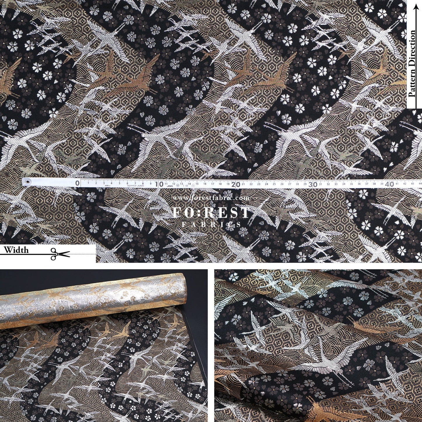Gold Brocade - One thousand cranes fabric Black - FO:REST Fabric 布恩堂Liberty fabrictana lawnjapanese fabricykk zipper