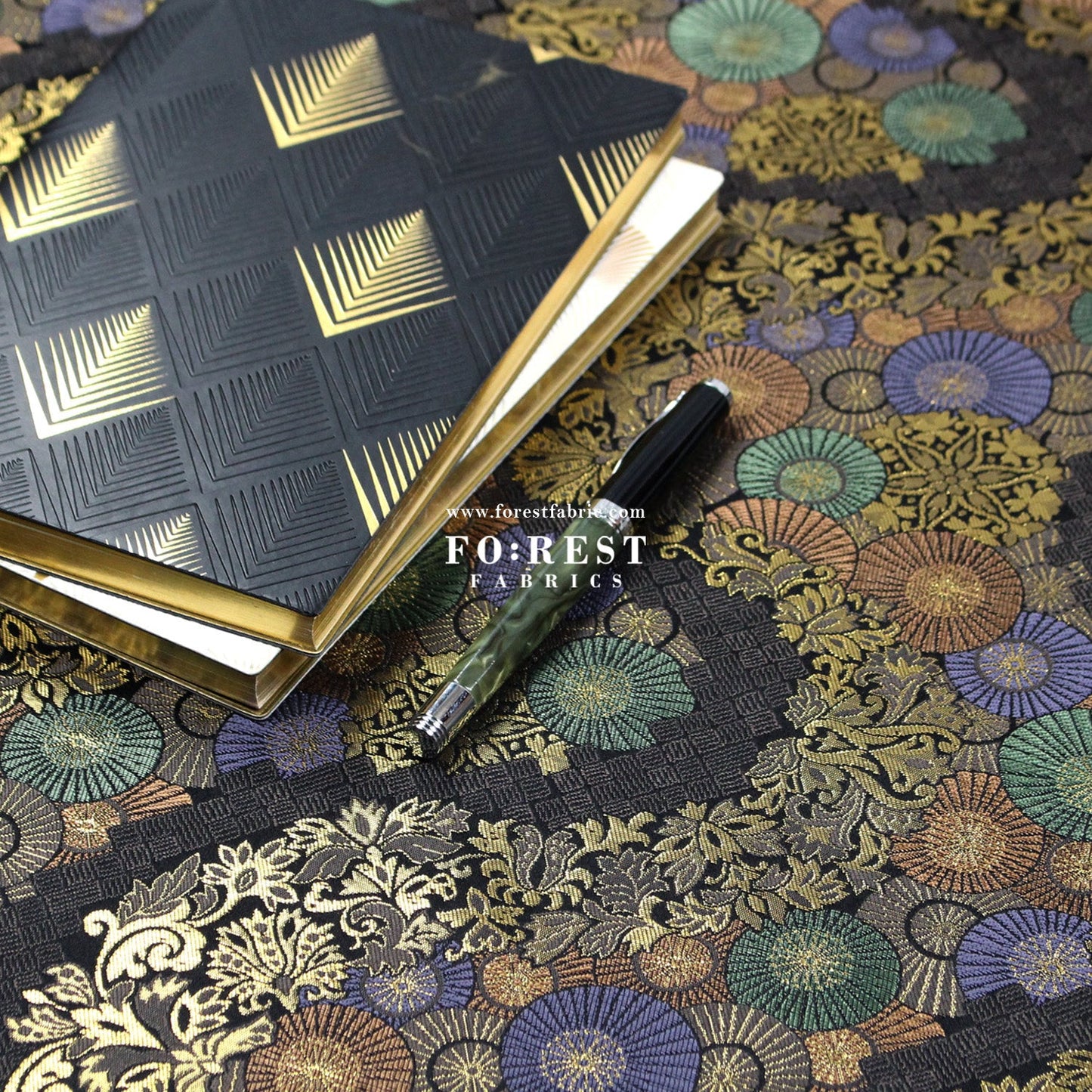 Gold Brocade - paper umbrellas fabric Black - FO:REST Fabric 布恩堂Liberty fabrictana lawnjapanese fabricykk zipper
