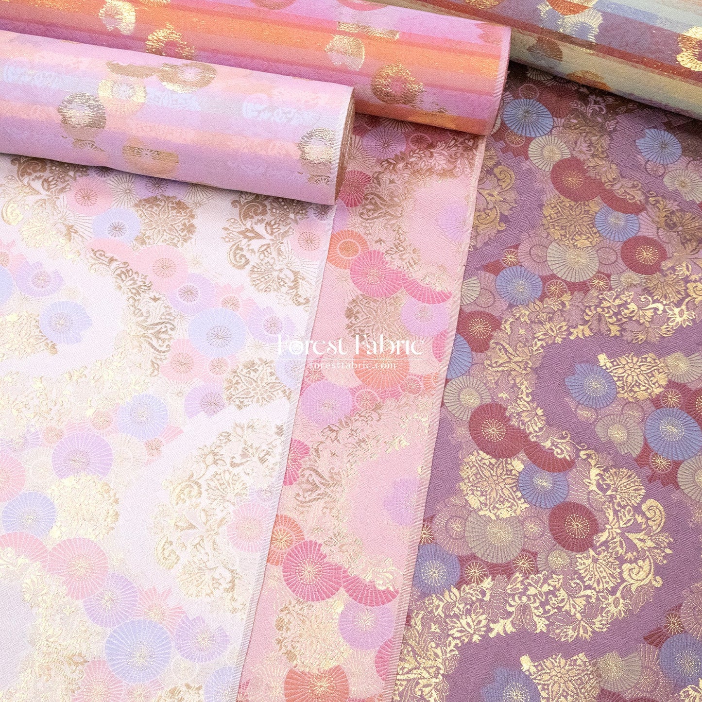 Gold Brocade - paper umbrellas fabric Pink Purple White - FO:REST Fabric 布恩堂Liberty fabrictana lawnjapanese fabricykk zipper