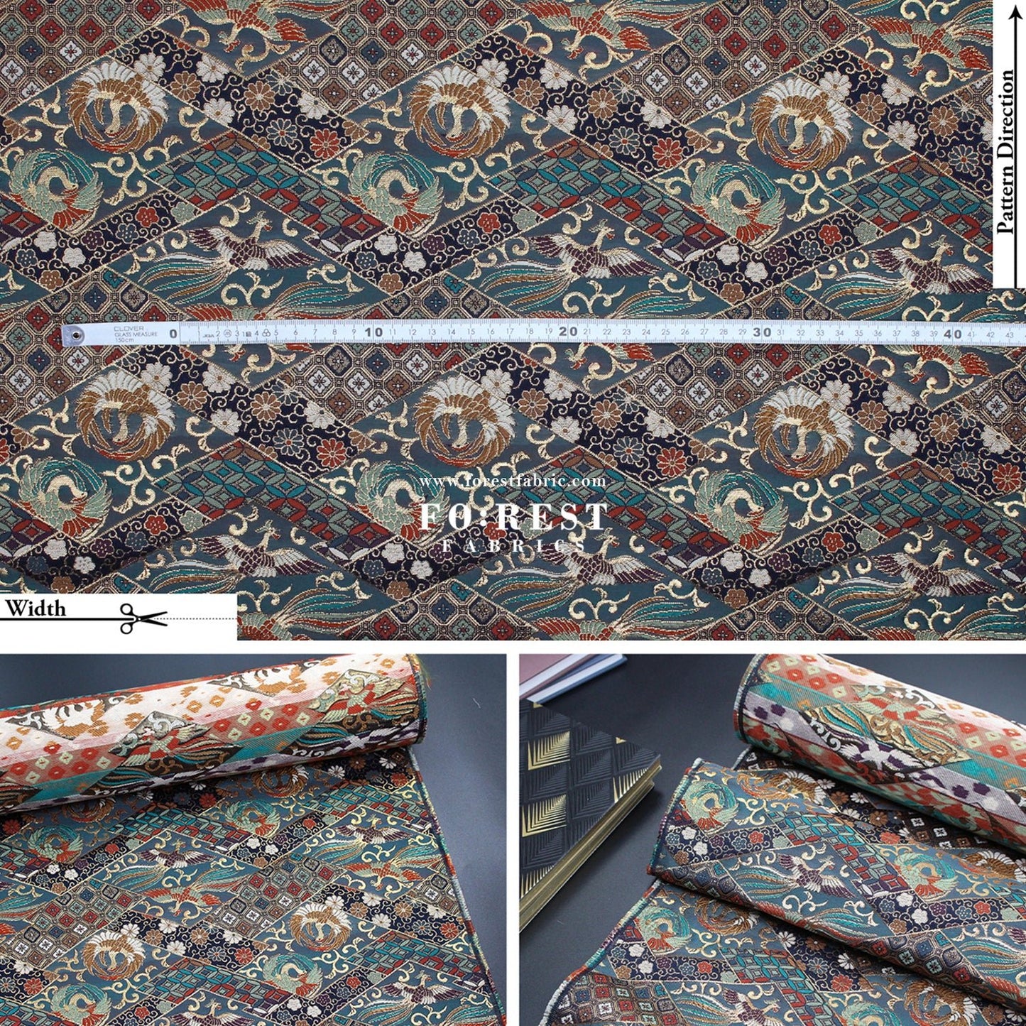 Gold Brocade - Phoenix fabric BlueGreen - FO:REST Fabric 布恩堂Liberty fabrictana lawnjapanese fabricykk zipper