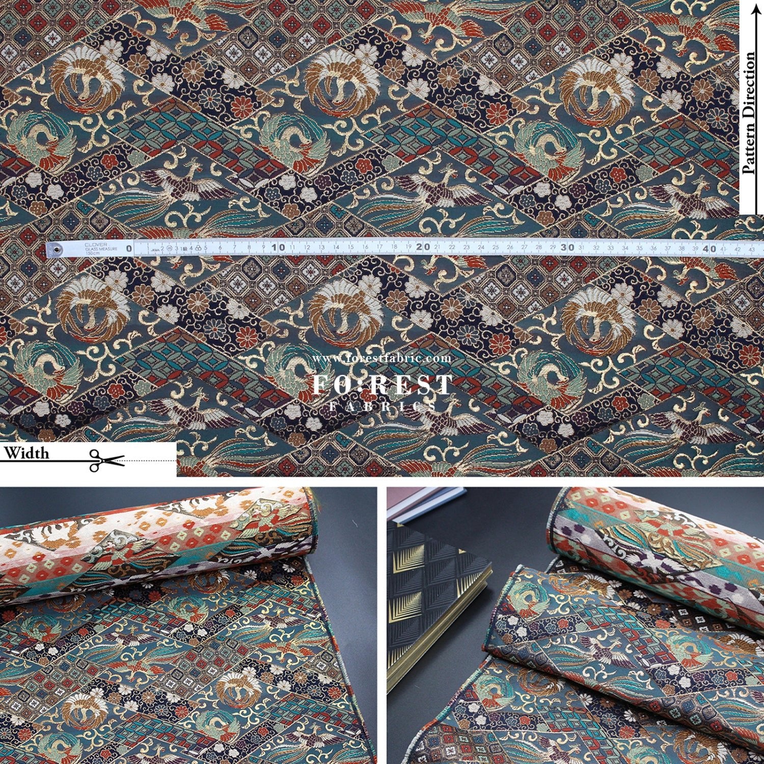 Gold Brocade - Phoenix fabric BlueGreen - FO:REST Fabric 布恩堂Liberty fabrictana lawnjapanese fabricykk zipper