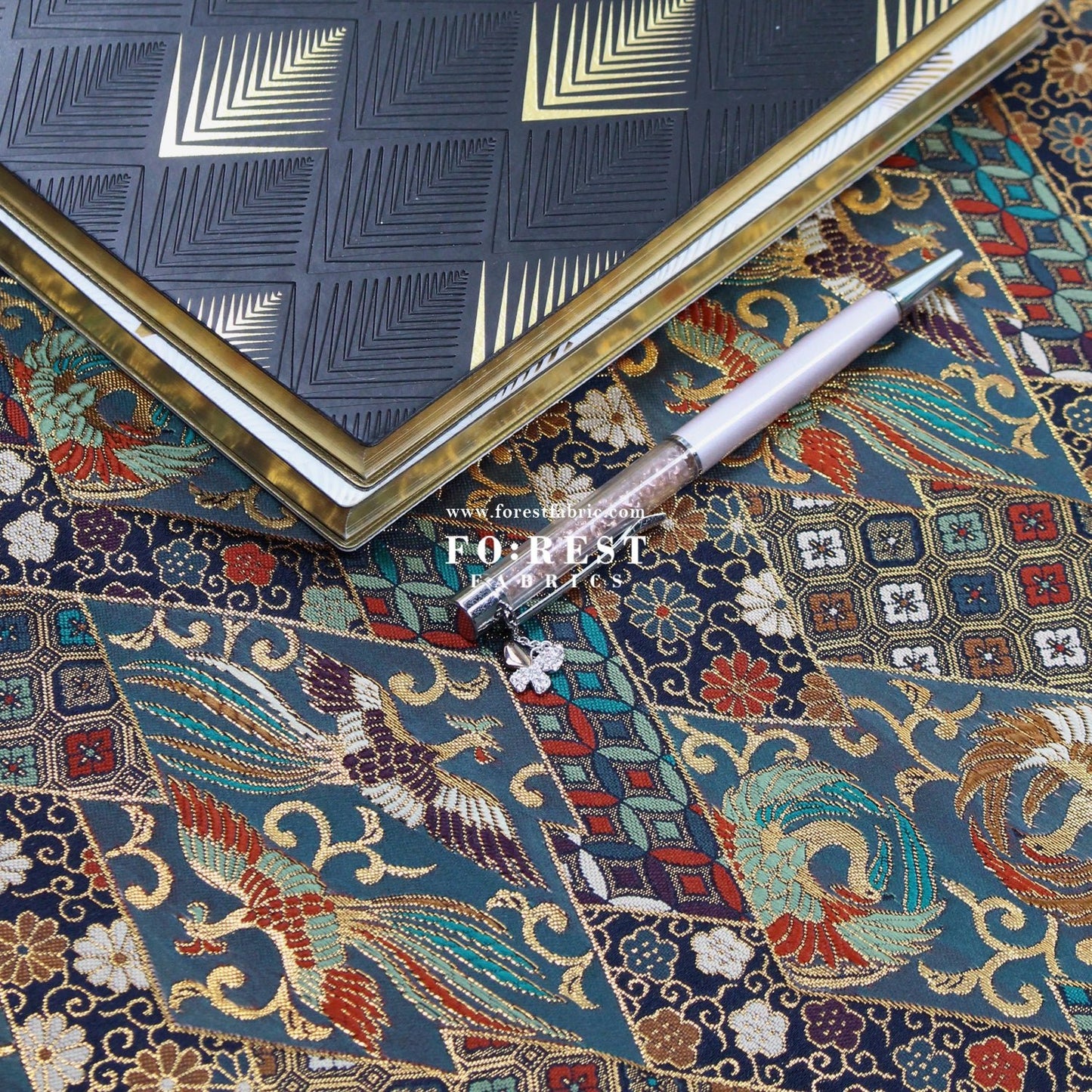 Gold Brocade - Phoenix fabric BlueGreen - FO:REST Fabric 布恩堂Liberty fabrictana lawnjapanese fabricykk zipper