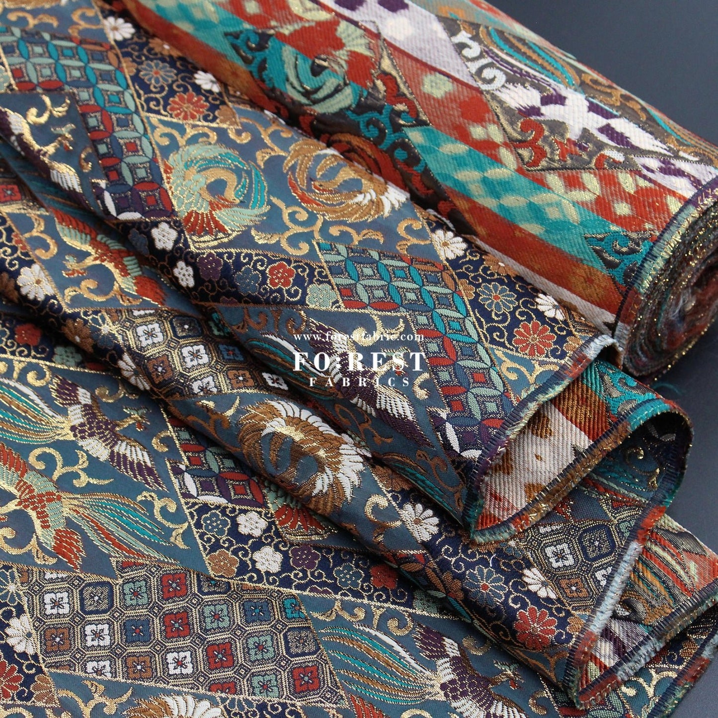Gold Brocade - Phoenix fabric BlueGreen - FO:REST Fabric 布恩堂Liberty fabrictana lawnjapanese fabricykk zipper