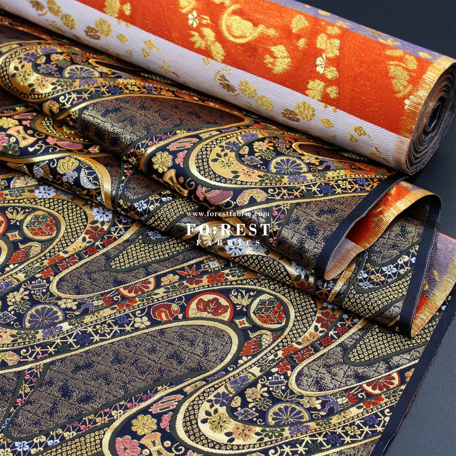 Gold Brocade - Phoenix fabric Navy - FO:REST Fabric 布恩堂Liberty fabrictana lawnjapanese fabricykk zipper