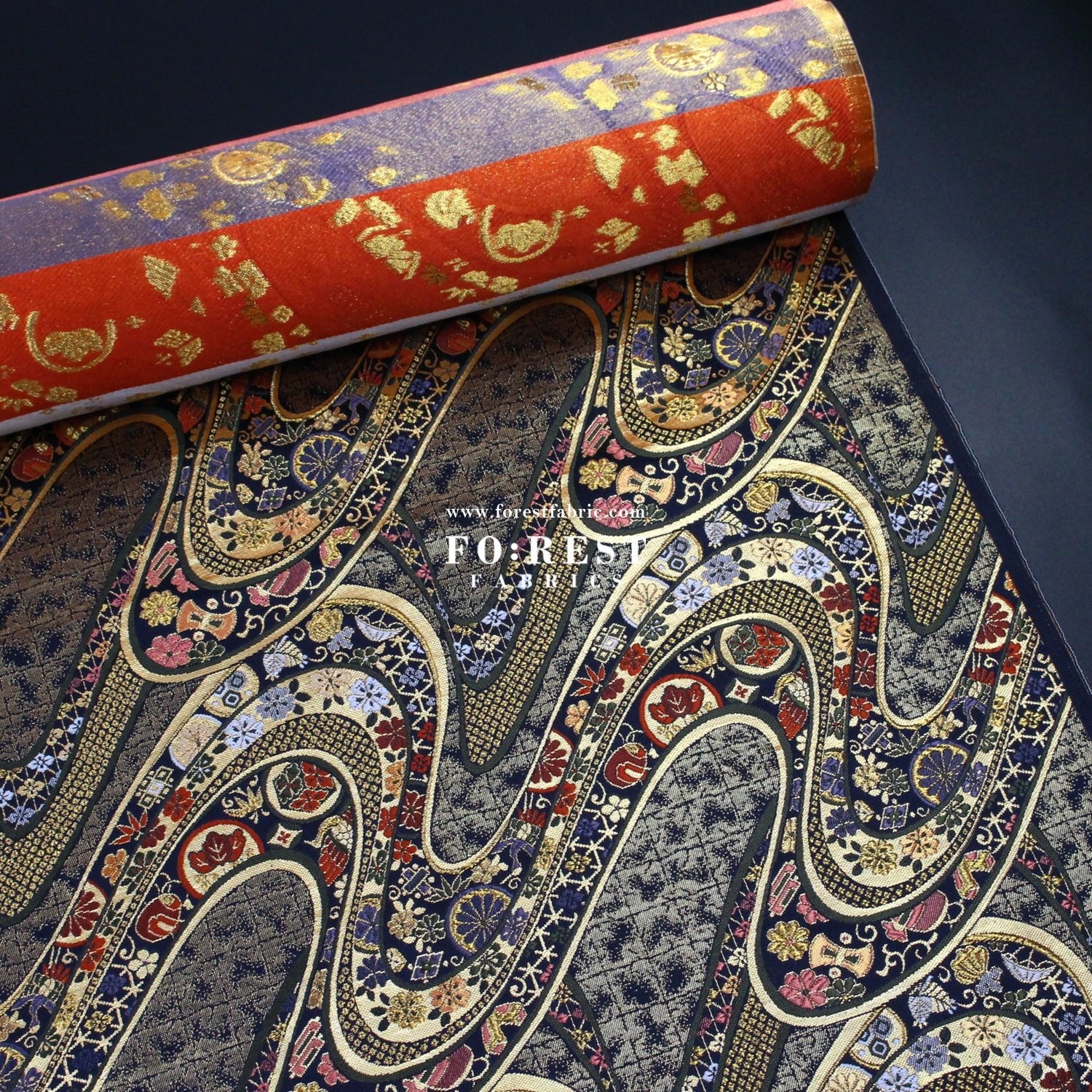 Gold Brocade - Phoenix fabric Navy - FO:REST Fabric 布恩堂Liberty fabrictana lawnjapanese fabricykk zipper