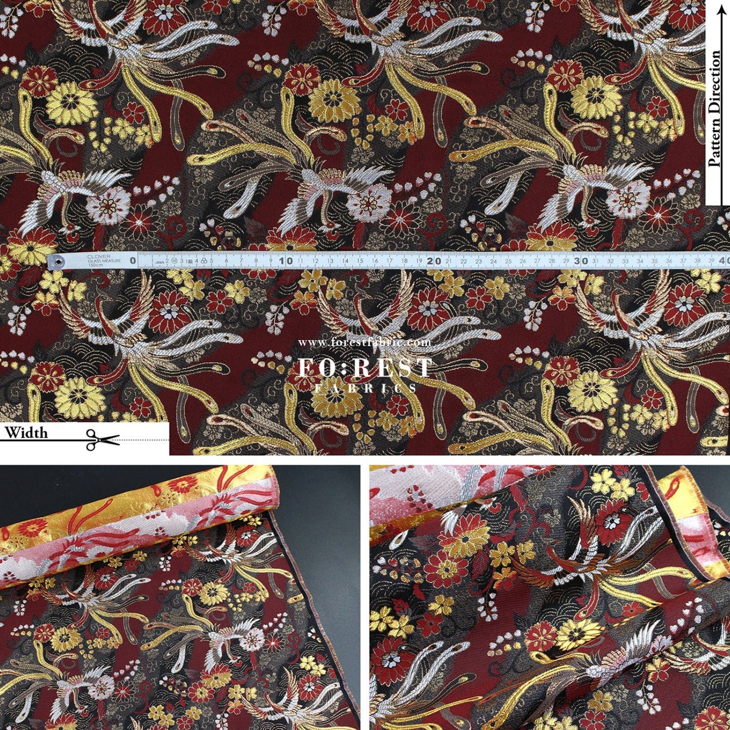 Gold brocade - Phoenix Japanese style KINRAN fabric Blacke Red - FO:REST Fabric 布恩堂Liberty fabrictana lawnjapanese fabricykk zipper