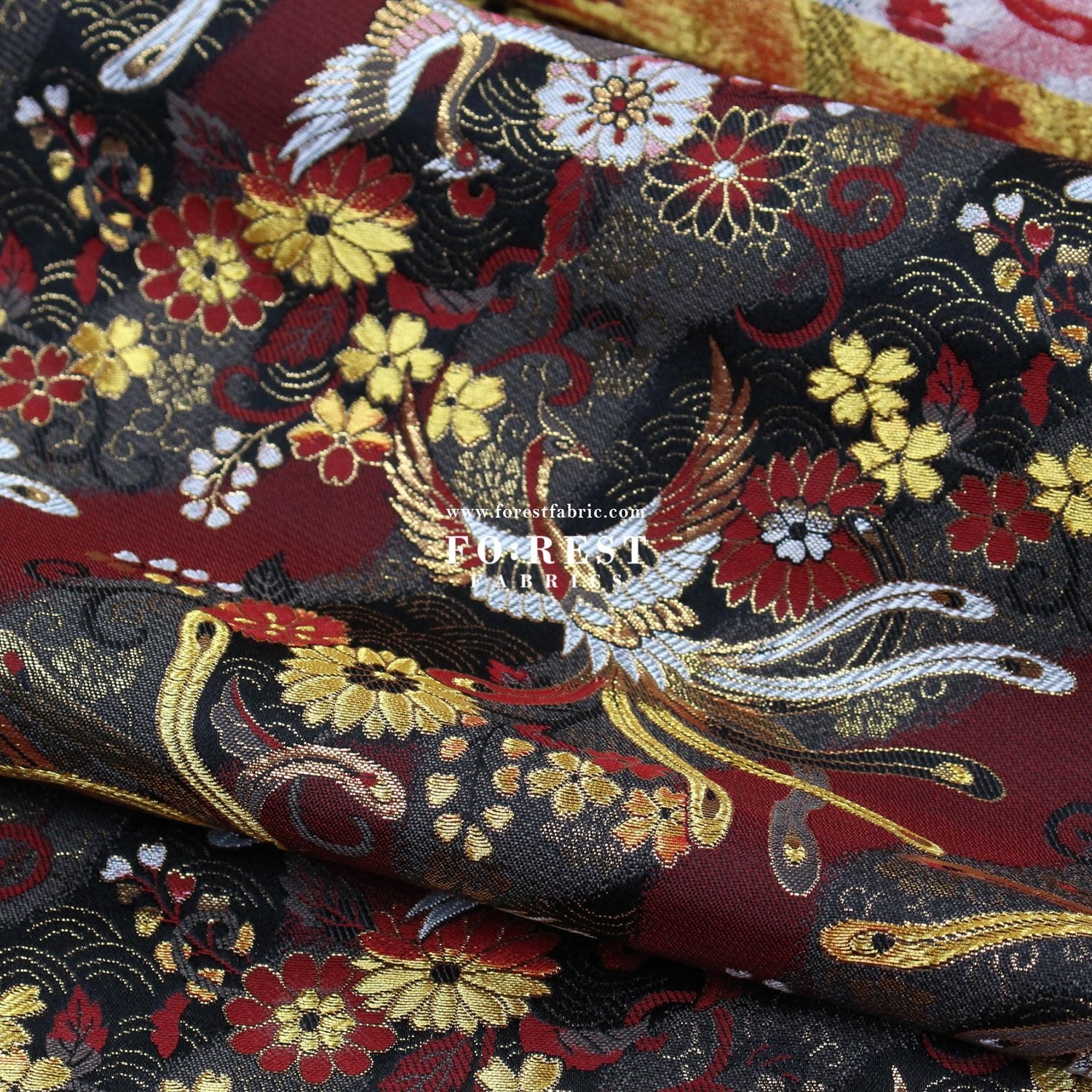 Gold brocade - Phoenix Japanese style KINRAN fabric Blacke Red - FO:REST Fabric 布恩堂Liberty fabrictana lawnjapanese fabricykk zipper