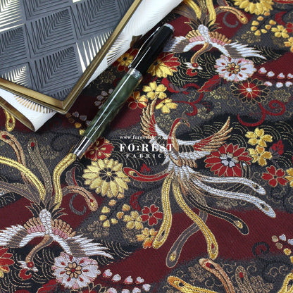 Gold brocade - Phoenix Japanese style KINRAN fabric Blacke Red - FO:REST Fabric 布恩堂Liberty fabrictana lawnjapanese fabricykk zipper