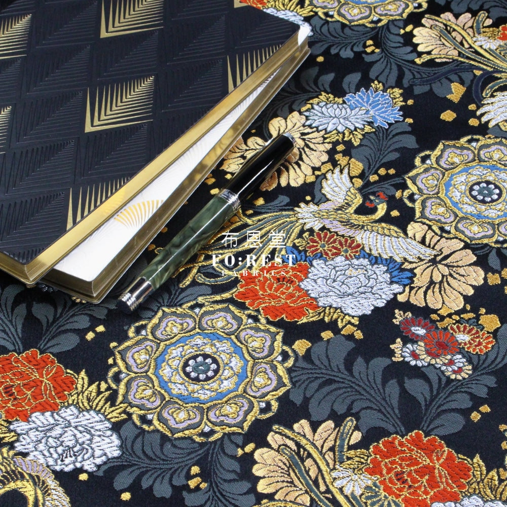 Gold Brocade - Phoenix Peony Fabric Black Polyester