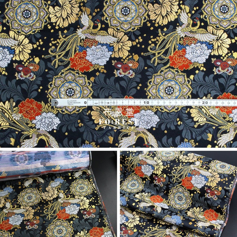 Gold Brocade - Phoenix Peony fabric BLACK - FO:REST Fabric 布恩堂Liberty fabrictana lawnjapanese fabricykk zipper