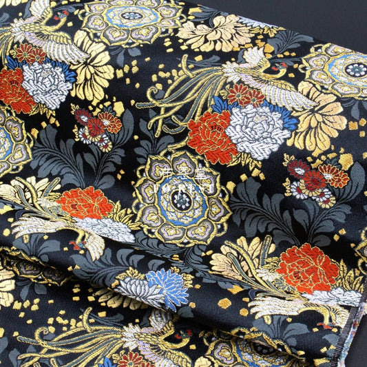 Gold Brocade - Phoenix Peony fabric BLACK - FO:REST Fabric 布恩堂Liberty fabrictana lawnjapanese fabricykk zipper