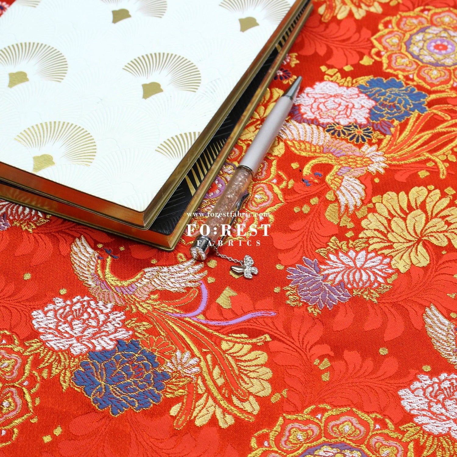 Gold Brocade - Phoenix Peony fabric Red - FO:REST Fabric 布恩堂Liberty fabrictana lawnjapanese fabricykk zipper