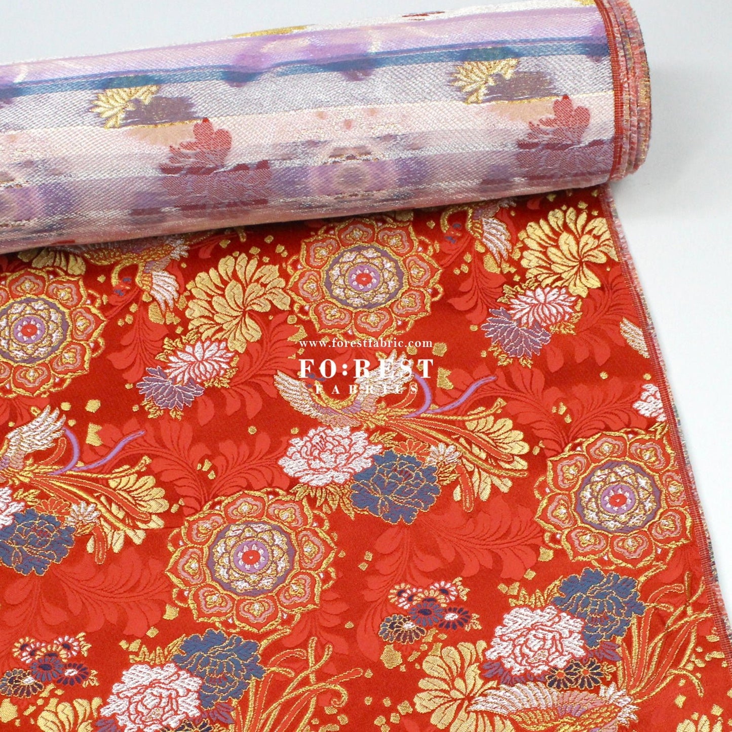 Gold Brocade - Phoenix Peony fabric Red - FO:REST Fabric 布恩堂Liberty fabrictana lawnjapanese fabricykk zipper