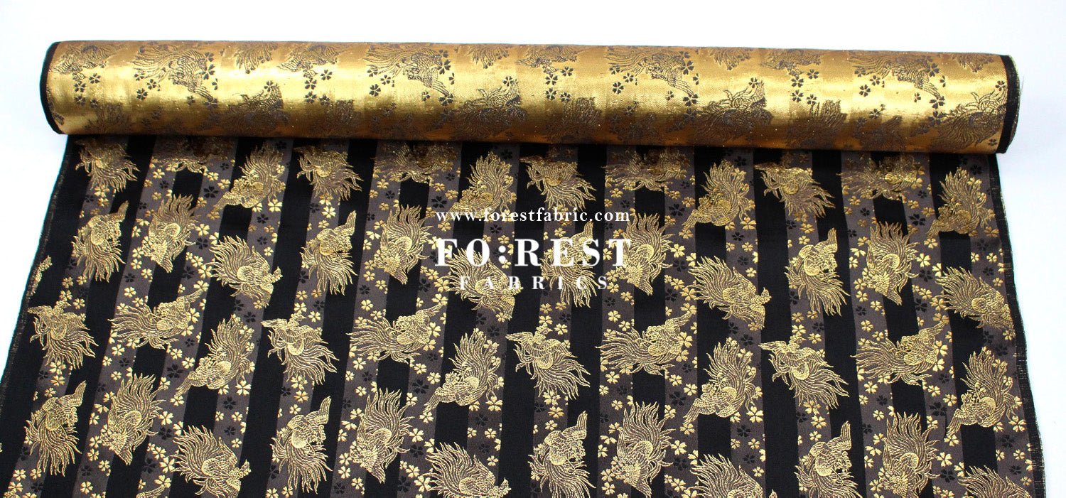 Gold Brocade - Pine Phoenix fabric Black - FO:REST Fabric 布恩堂Liberty fabrictana lawnjapanese fabricykk zipper