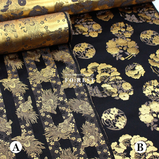 Gold Brocade - Pine Phoenix fabric Black - FO:REST Fabric 布恩堂Liberty fabrictana lawnjapanese fabricykk zipper
