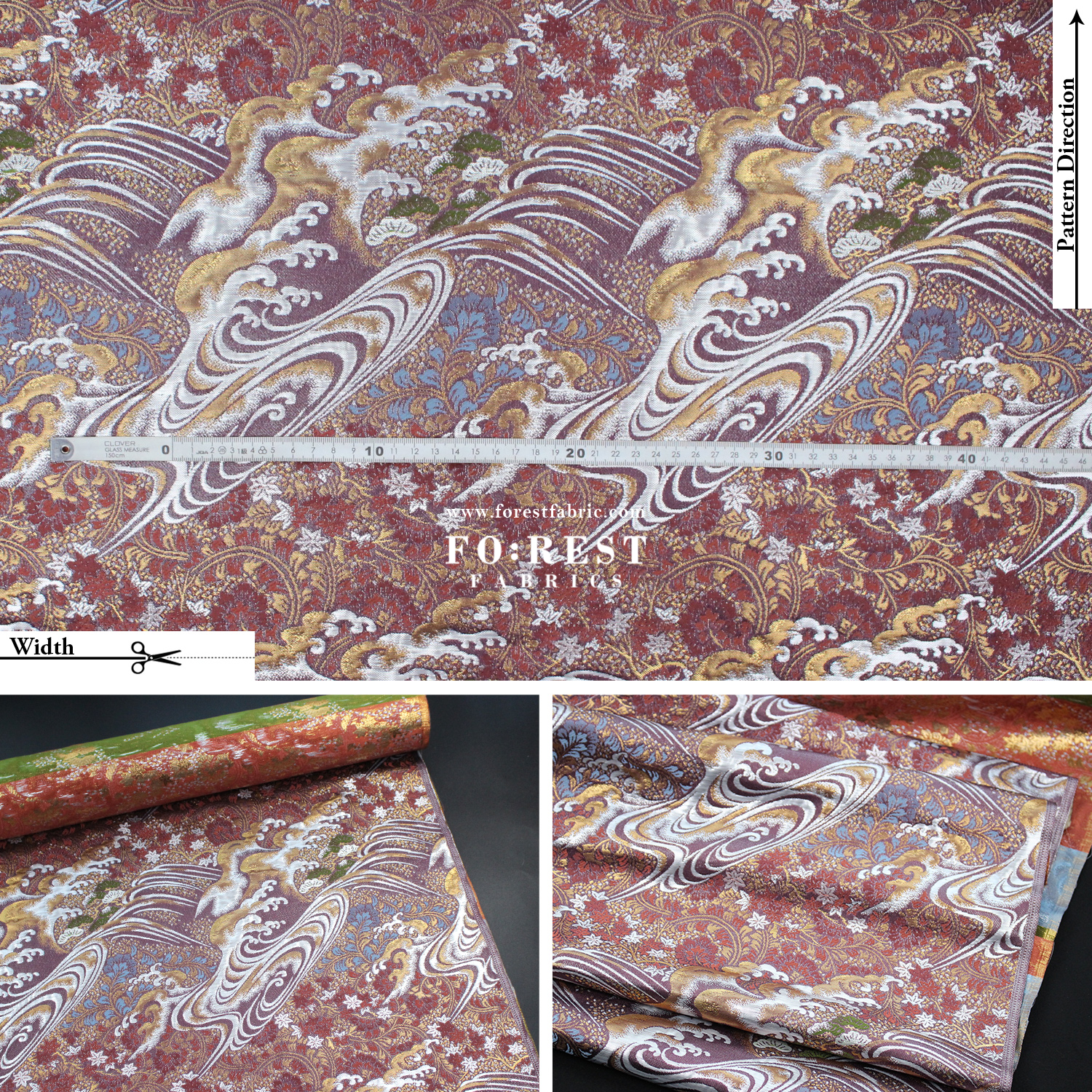 Gold Brocade - Pine waves fabric PurpleRed - FO:REST Fabric 布恩堂Liberty fabrictana lawnjapanese fabricykk zipper