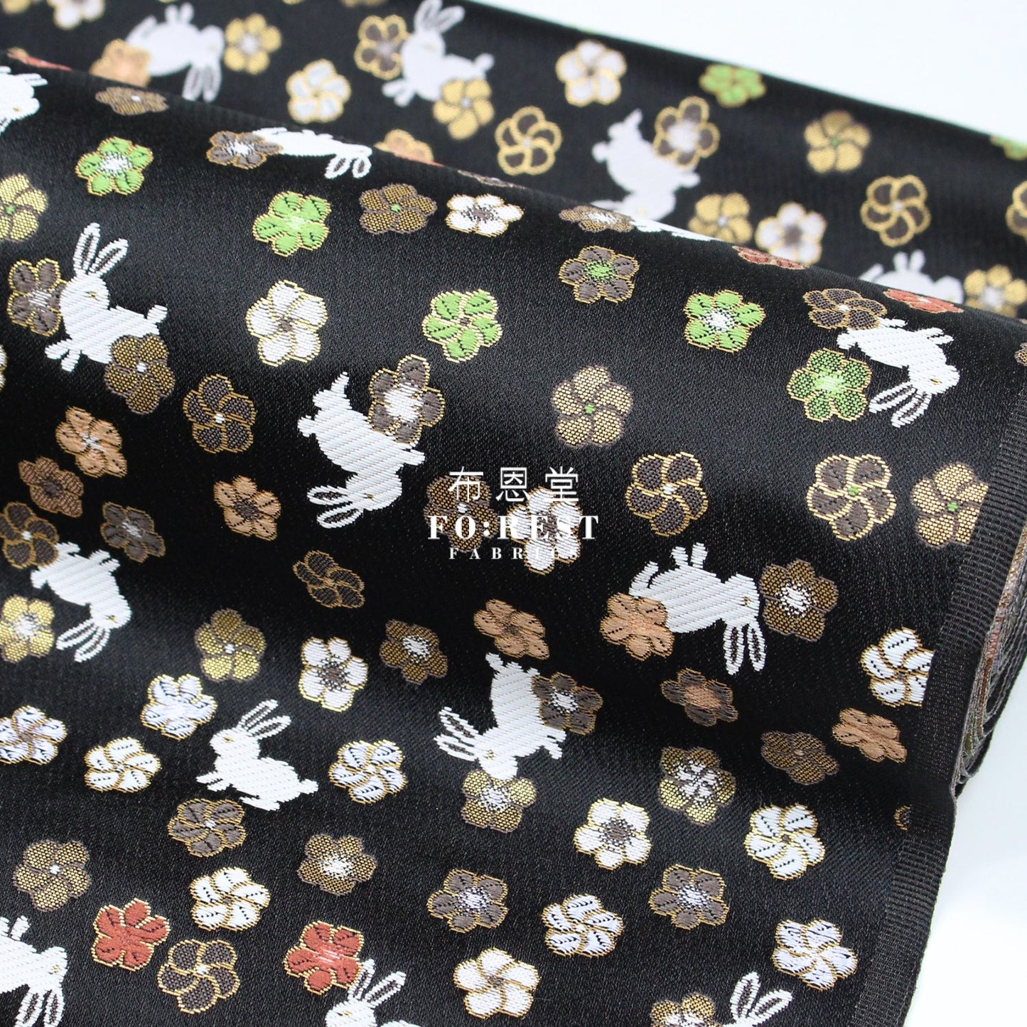 Gold Brocade - Rabbit Flower Fabric Black Polyester