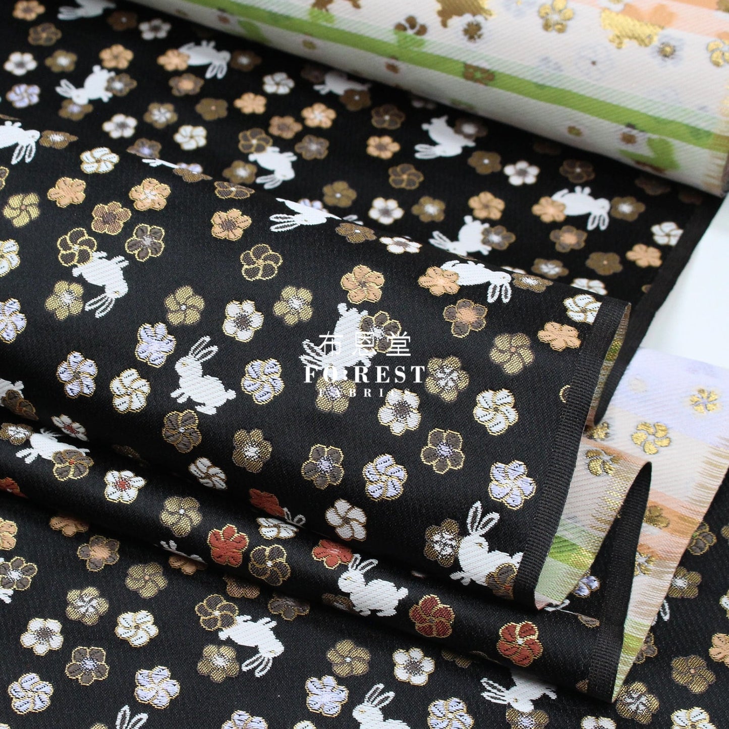 Gold Brocade - Rabbit Flower Fabric Black Polyester
