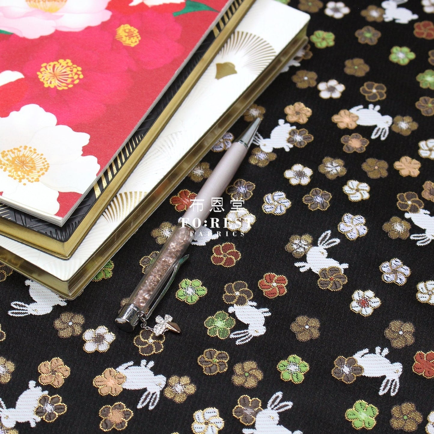Gold Brocade - Rabbit flower fabric Black - FO:REST Fabric 布恩堂Liberty fabrictana lawnjapanese fabricykk zipper