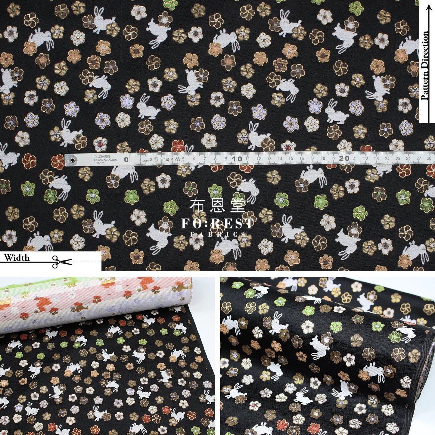 Gold Brocade - Rabbit flower fabric Black - FO:REST Fabric 布恩堂Liberty fabrictana lawnjapanese fabricykk zipper