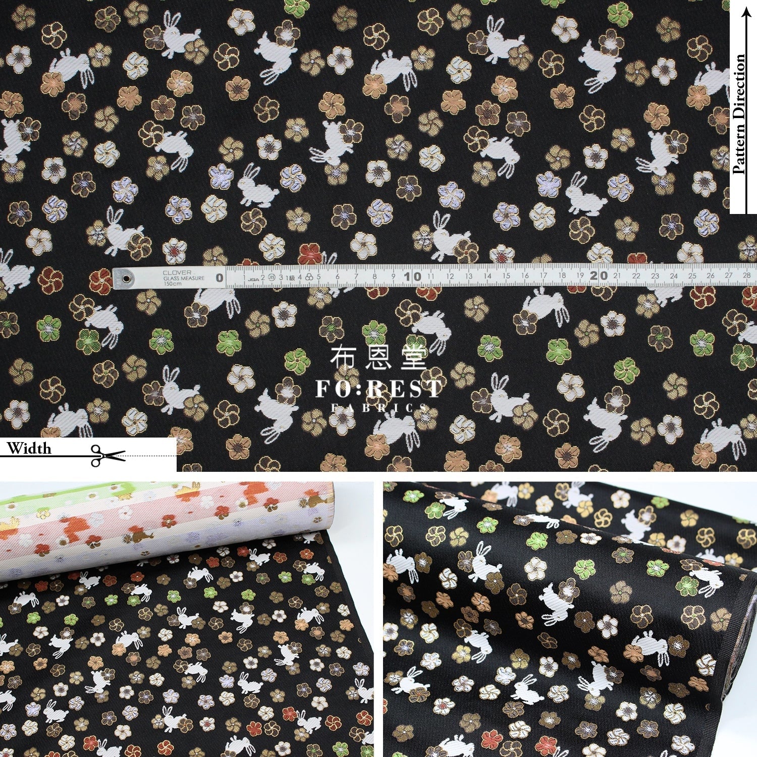 Gold Brocade - Rabbit flower fabric Black - FO:REST Fabric 布恩堂Liberty fabrictana lawnjapanese fabricykk zipper