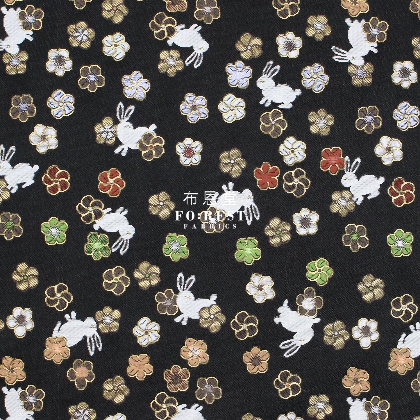 Gold Brocade - Rabbit flower fabric Black - FO:REST Fabric 布恩堂Liberty fabrictana lawnjapanese fabricykk zipper