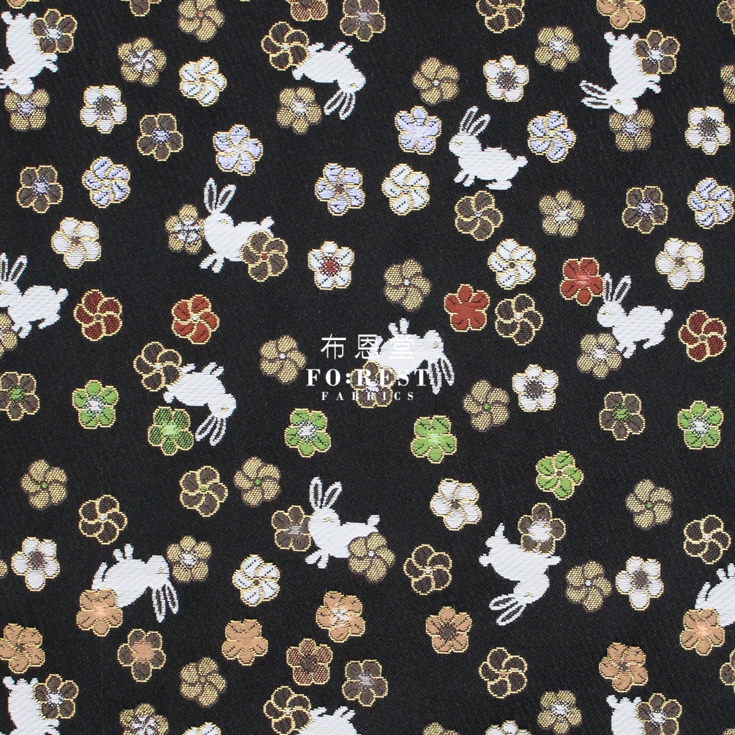 Gold Brocade - Rabbit flower fabric Black - FO:REST Fabric 布恩堂Liberty fabrictana lawnjapanese fabricykk zipper