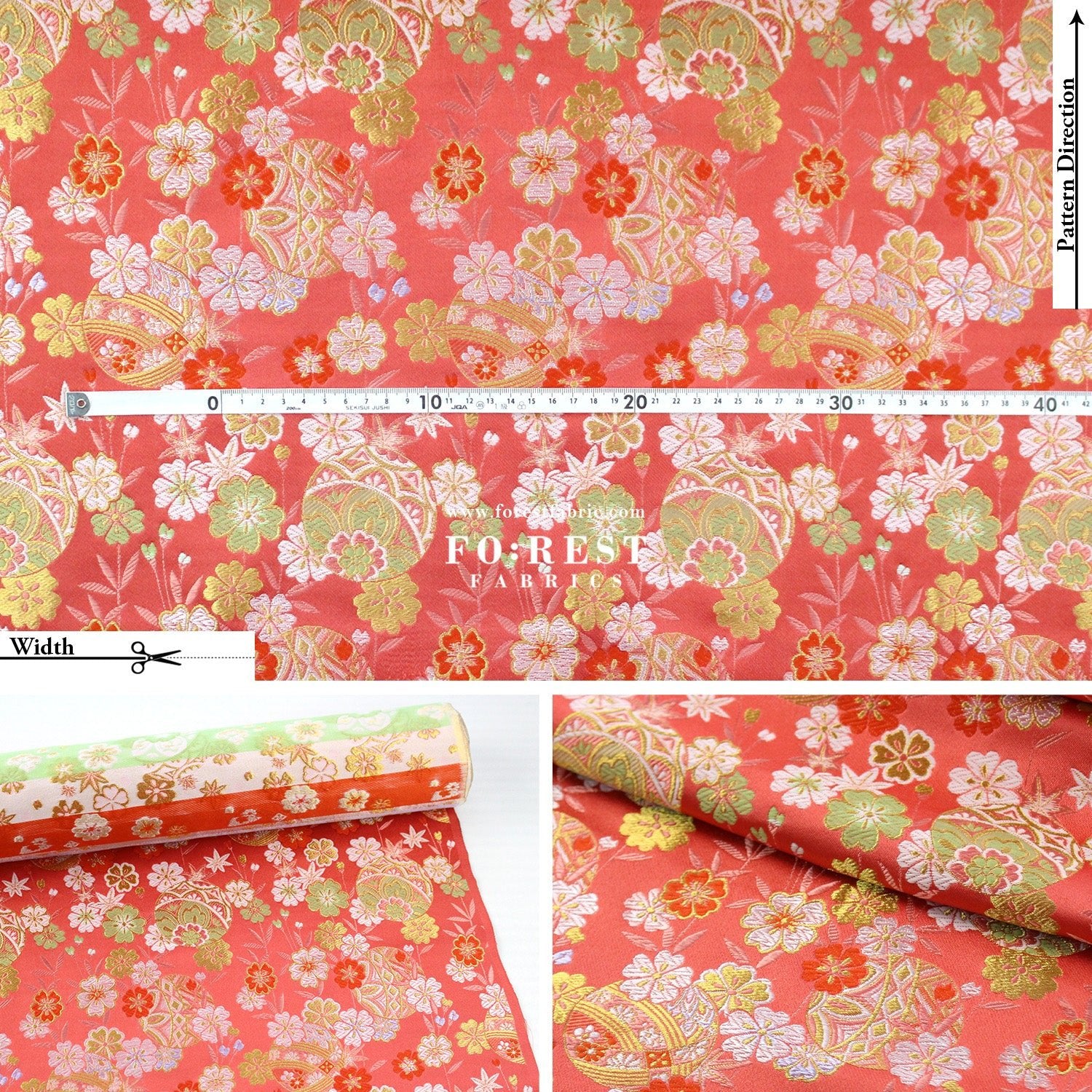 Gold Brocade - Sakura ball flower fabric LightRed - FO:REST Fabric 布恩堂Liberty fabrictana lawnjapanese fabricykk zipper