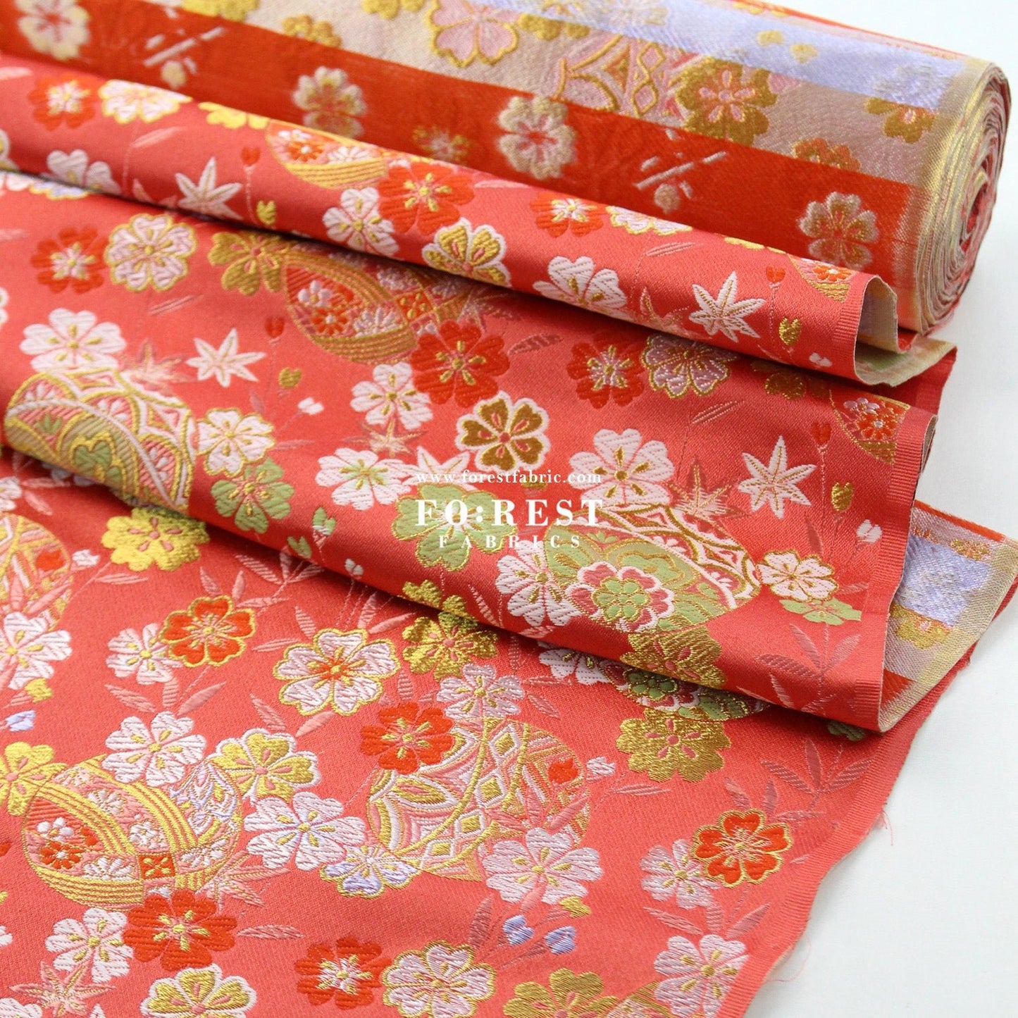Gold Brocade - Sakura ball flower fabric LightRed - FO:REST Fabric 布恩堂Liberty fabrictana lawnjapanese fabricykk zipper
