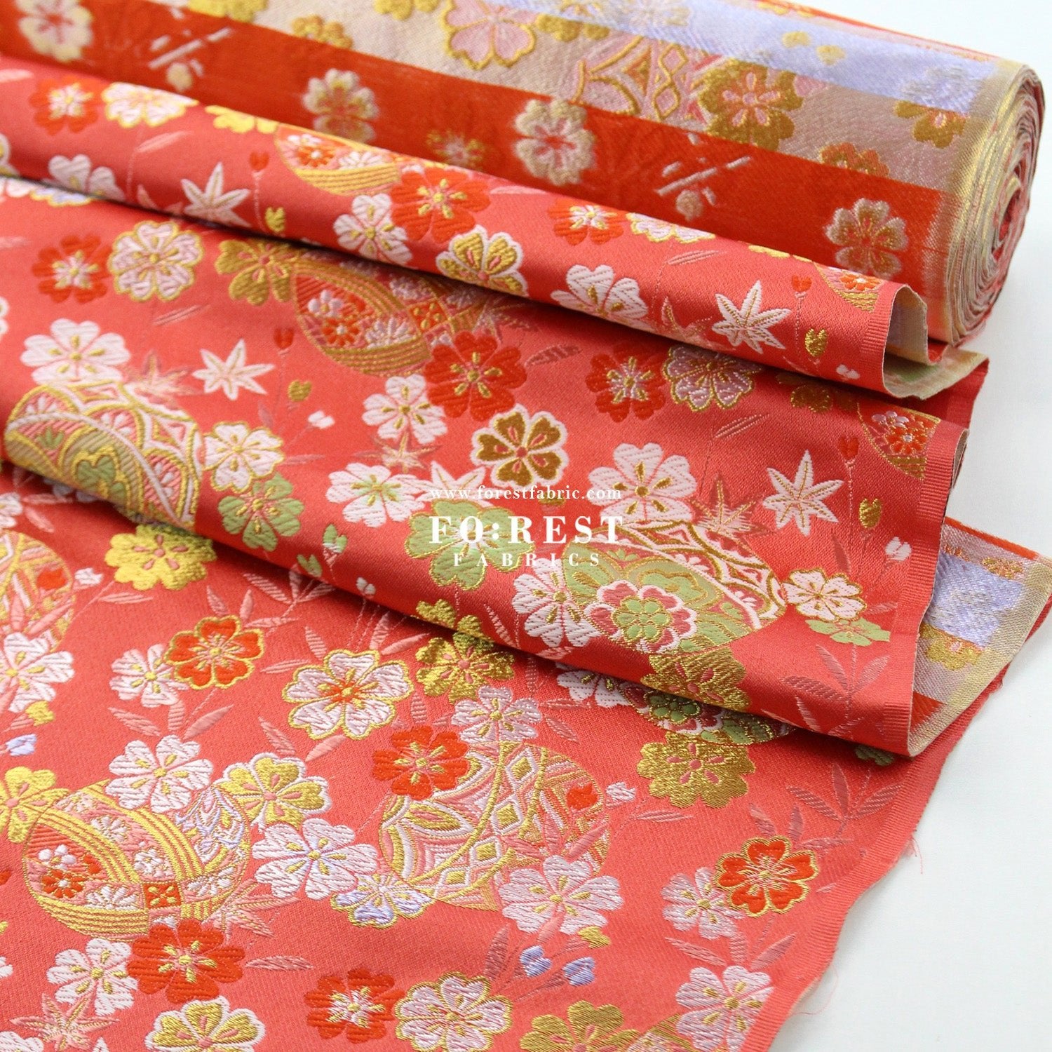 Gold Brocade - Sakura ball flower fabric LightRed - FO:REST Fabric 布恩堂Liberty fabrictana lawnjapanese fabricykk zipper