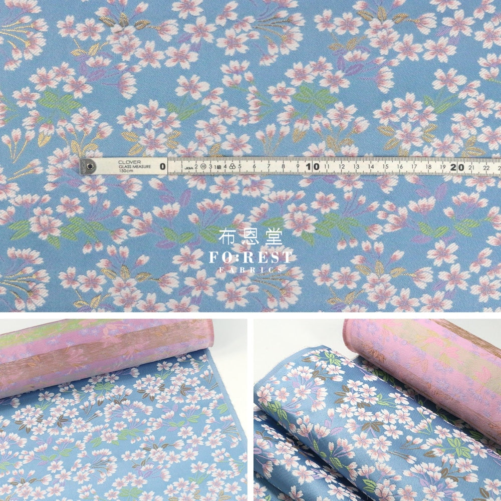 Gold Brocade - Sakura Bud Fabric Blue Polyester