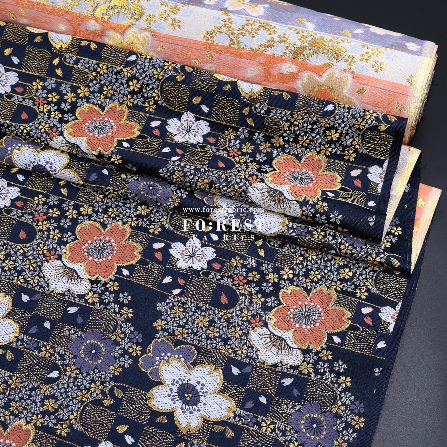 Gold Brocade - Sakura Flower fabric Navy - FO:REST Fabric 布恩堂Liberty fabrictana lawnjapanese fabricykk zipper